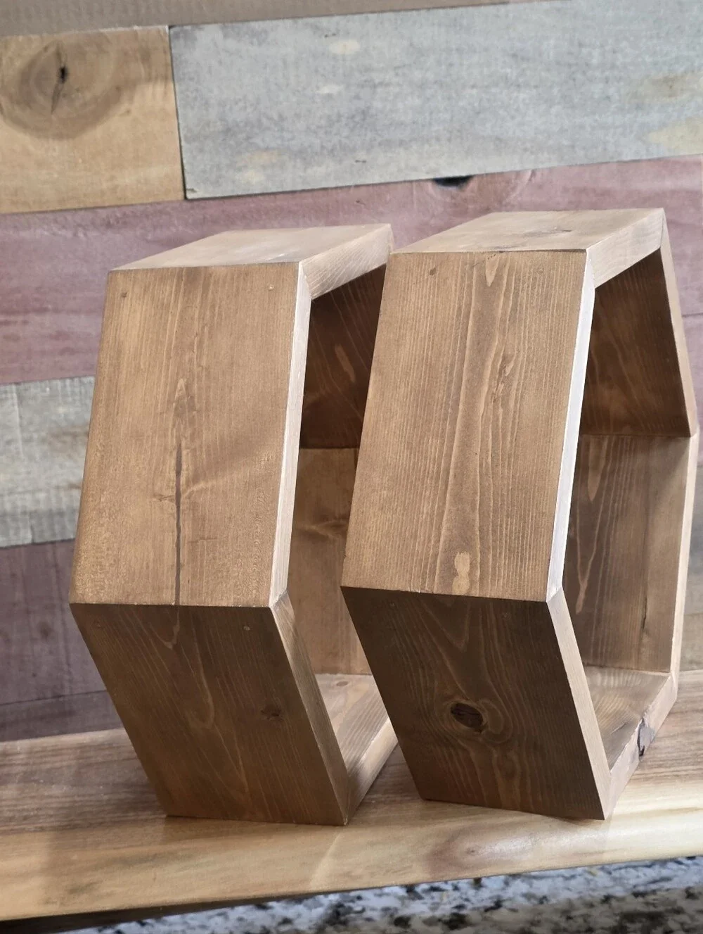 Set Of 2  Hexagon Wall Shelf in Warm Brown
